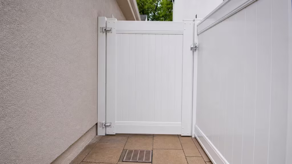 Mature trees overhang this solid White vinyl gate closing a narrow Burbank passage beside a stucco house wall