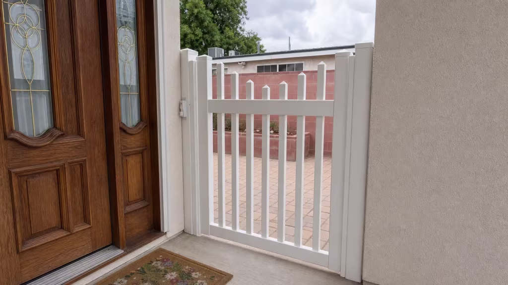 A White vinyl picket gate stands beside a decorative glass front door at this Burbank entry