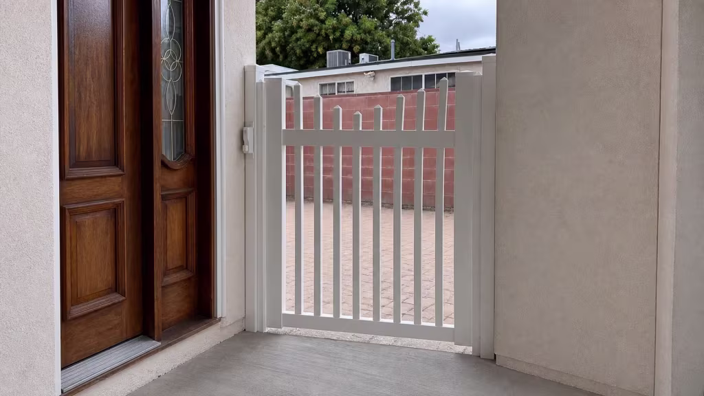 A red concrete block wall and brick paver courtyard sit beyond this White vinyl gate at a Burbank entry