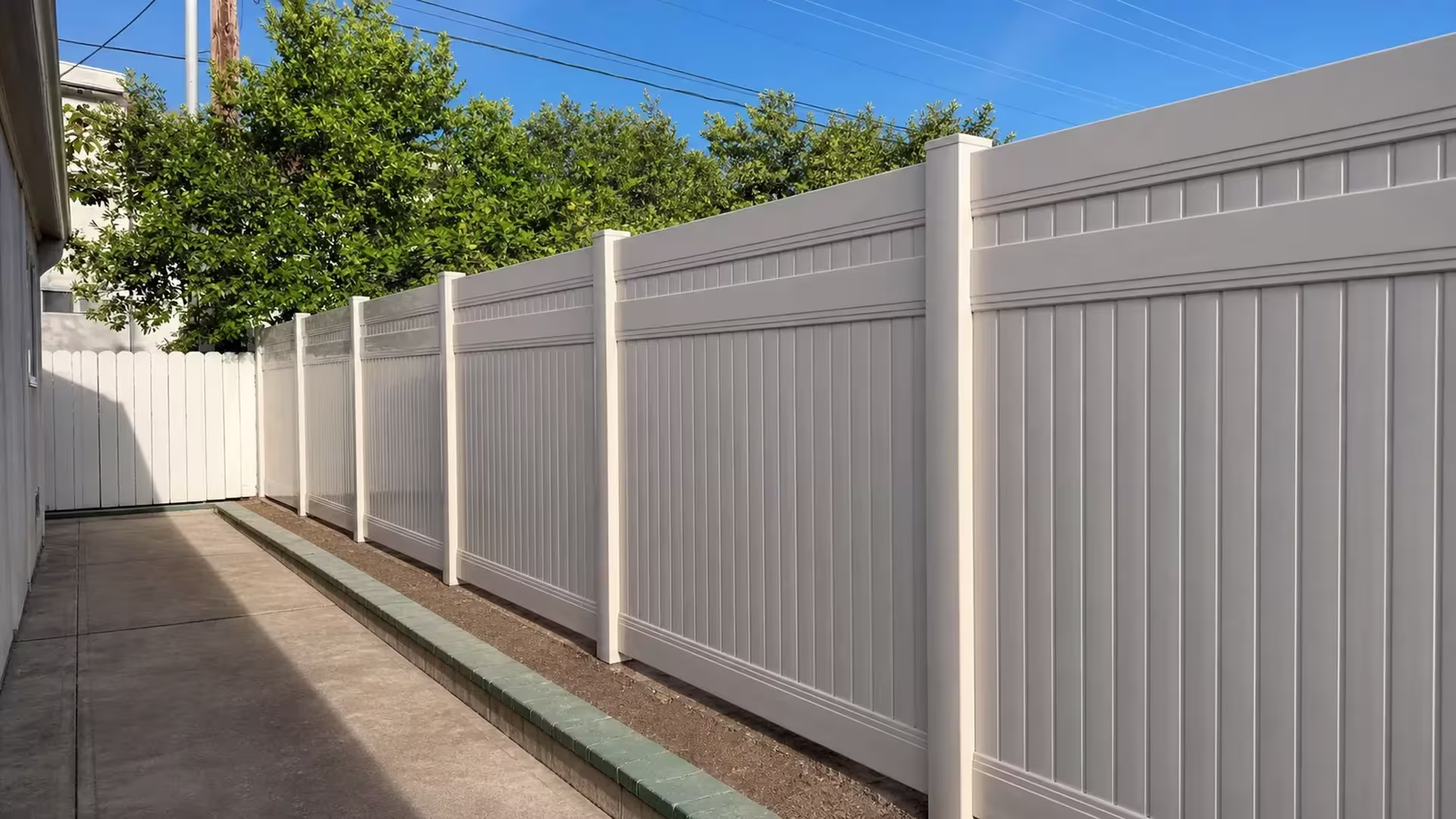 Citrus trees and a green-capped curb line this Tan vinyl privacy fence angling across a Glendale walkway
