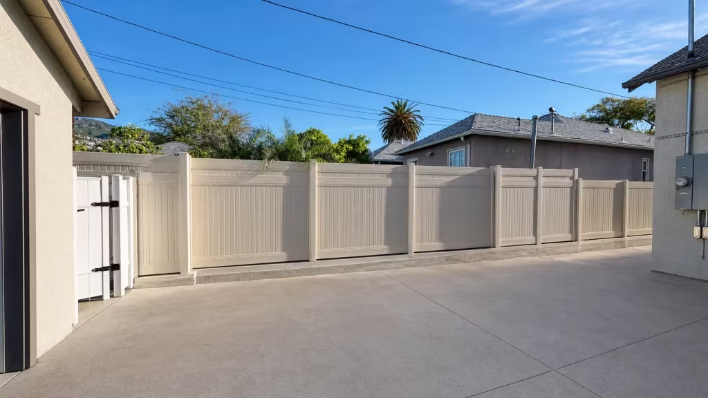 A separate gate stands apart from this Tan vinyl privacy fence spanning a Glendale backyard boundary