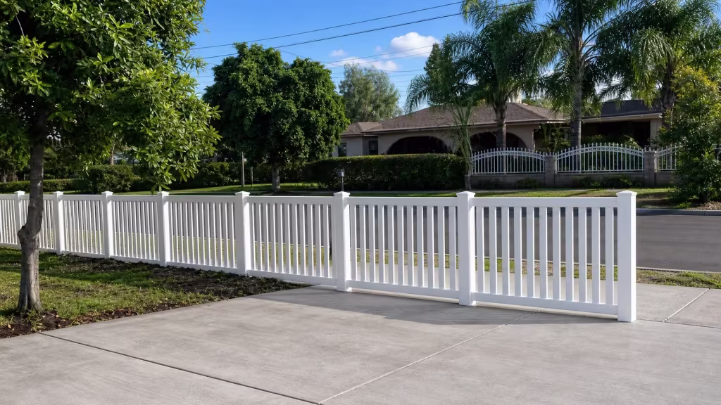 A mature broadleaf tree shades the White vertical vinyl picket fence running along this Pacoima street frontage