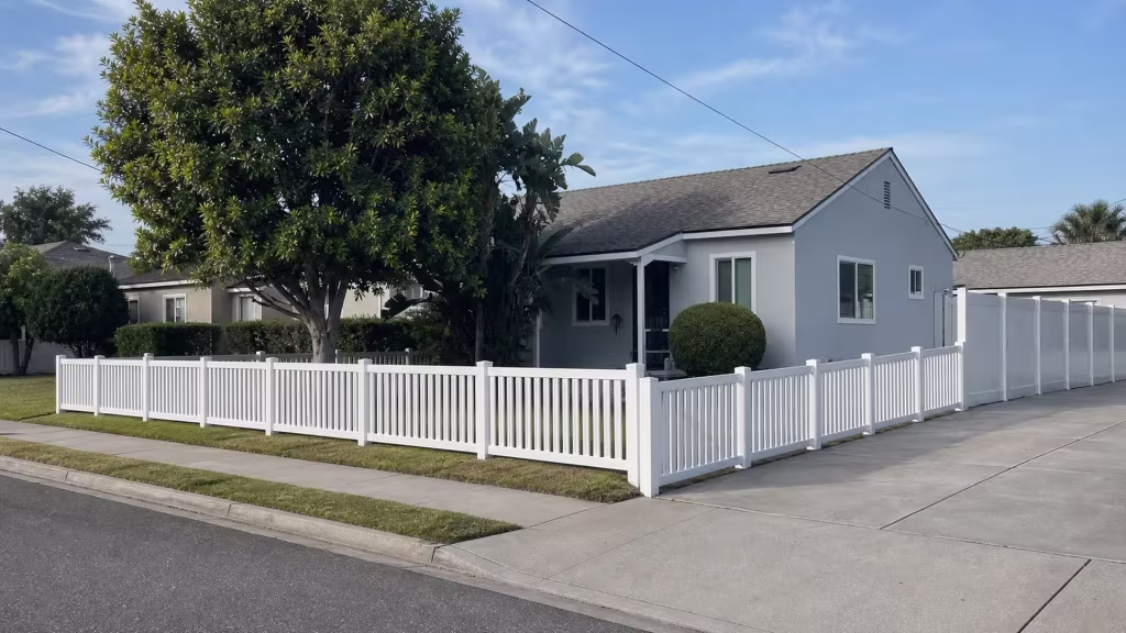 A taller White solid vinyl privacy fence return beside the house continues the picket line across this Pacoima frontage