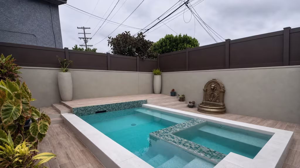 Two intersecting masonry walls wear a privacy wall topper finished in Dark Walnut vinyl above a raised pool deck