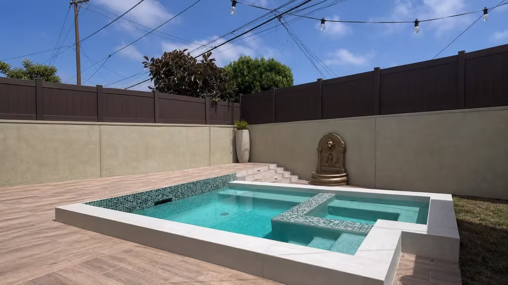 A wall fountain and string lights sit beneath this courtyard's Dark Walnut vinyl topper, added there for privacy