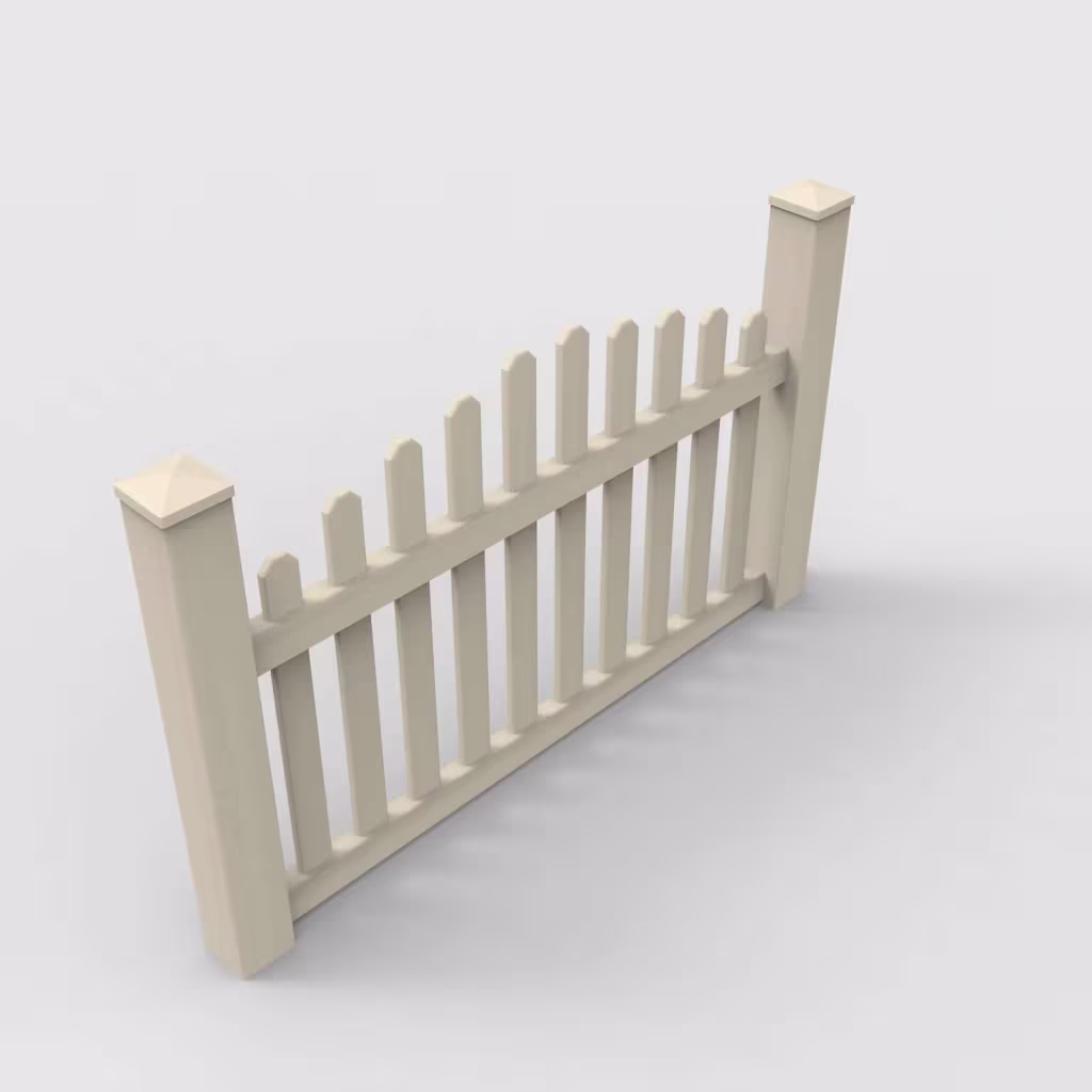 Tan arched picket 3.5 ft fence, isometric view
