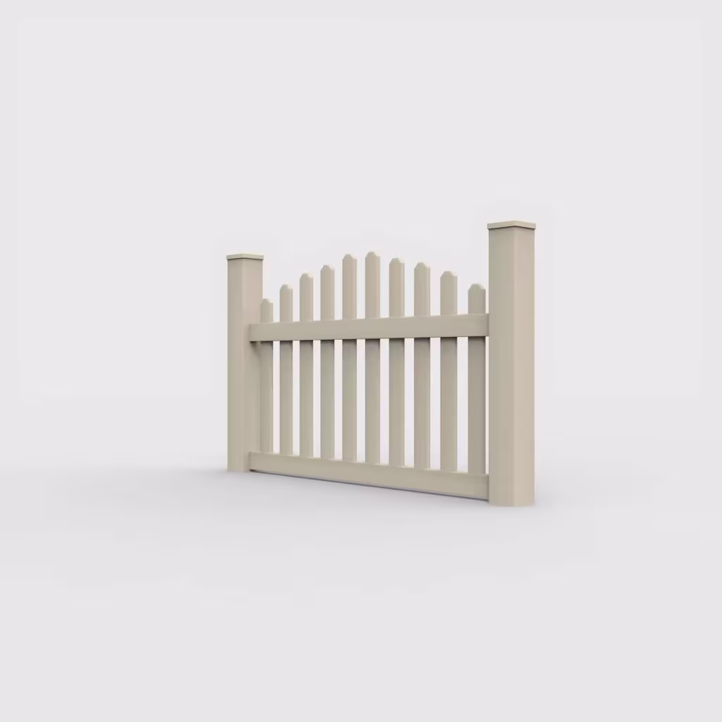 Tan arched picket 3.5 ft fence, left-side view