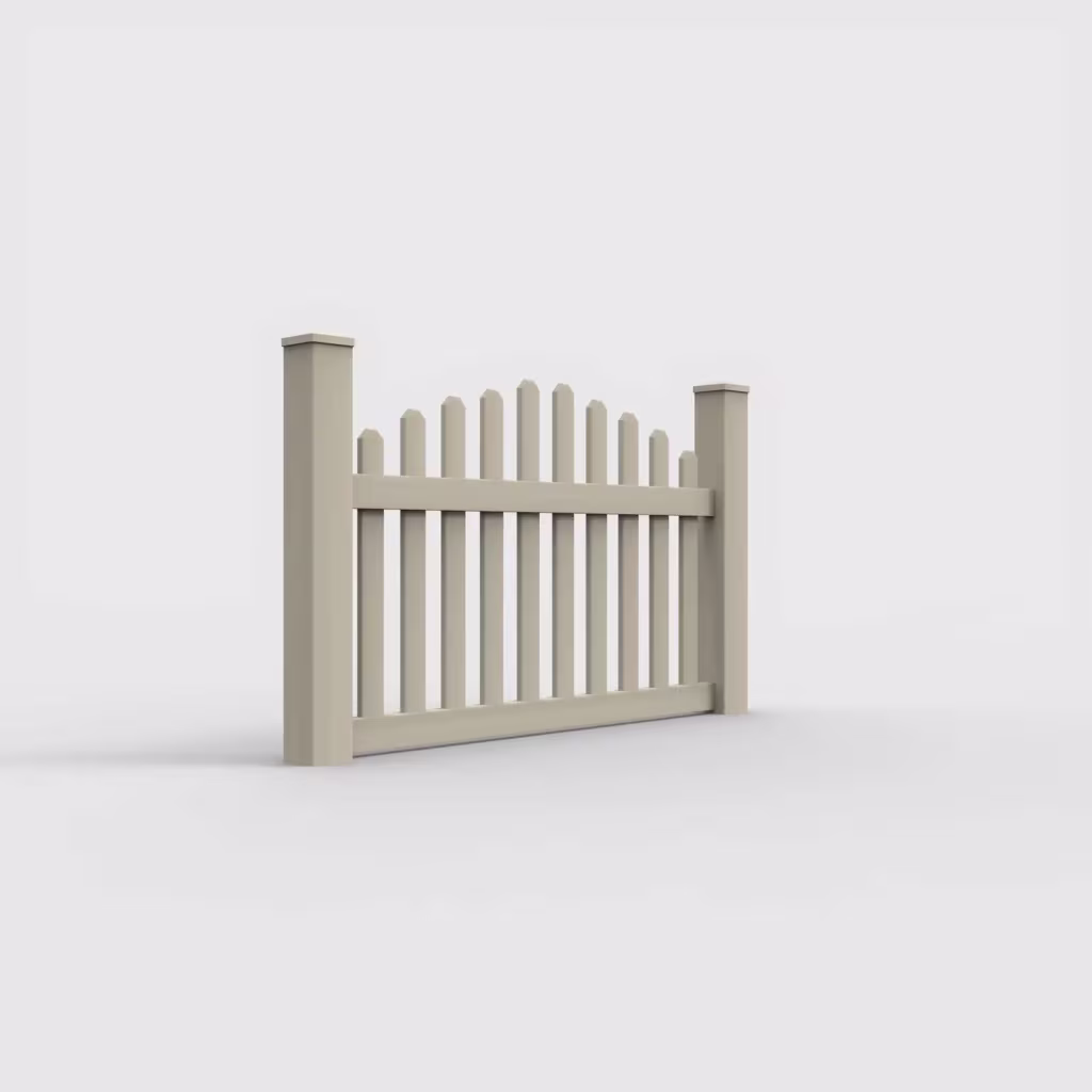 Tan arched picket 3.5 ft fence, right-side view