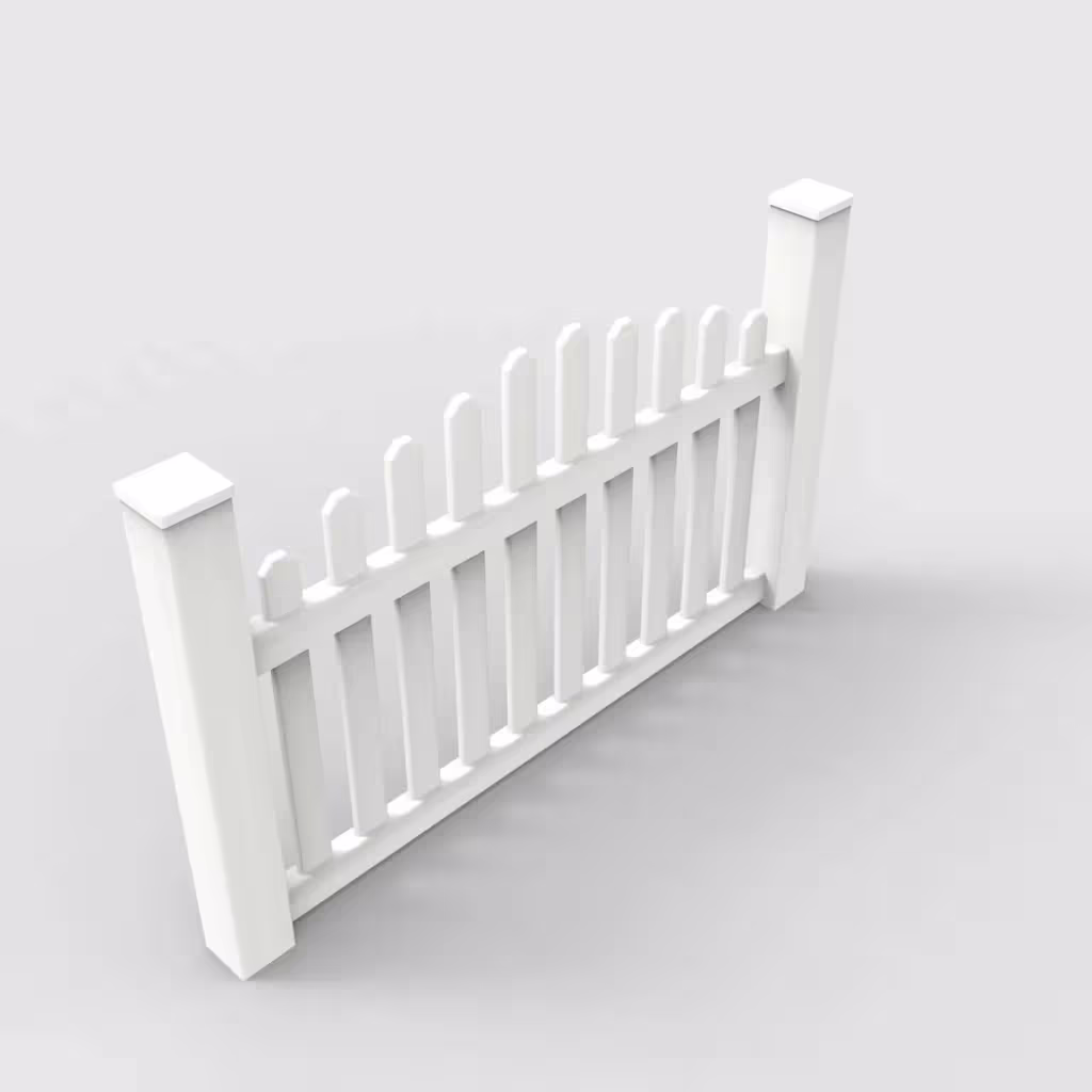White arched picket 3.5 ft fence, isometric view