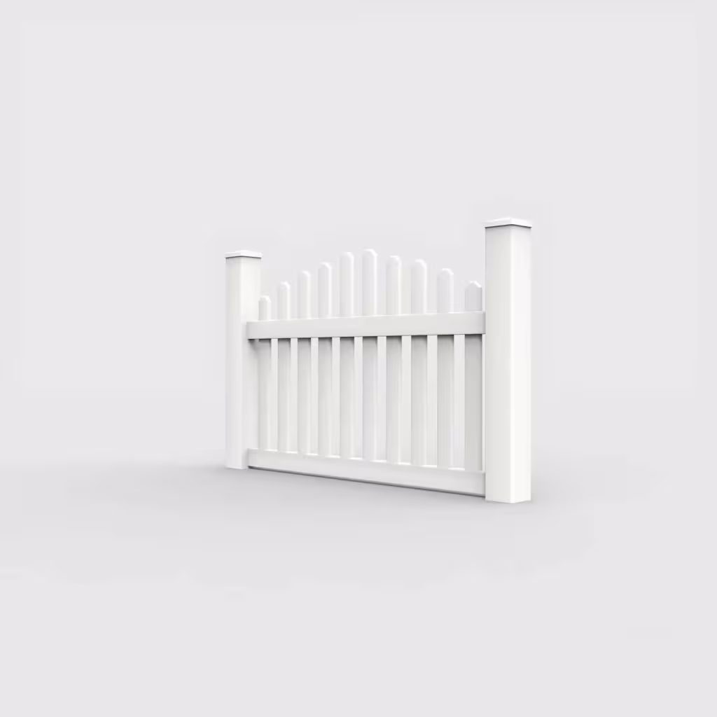 White arched picket 3.5 ft fence, left-side view