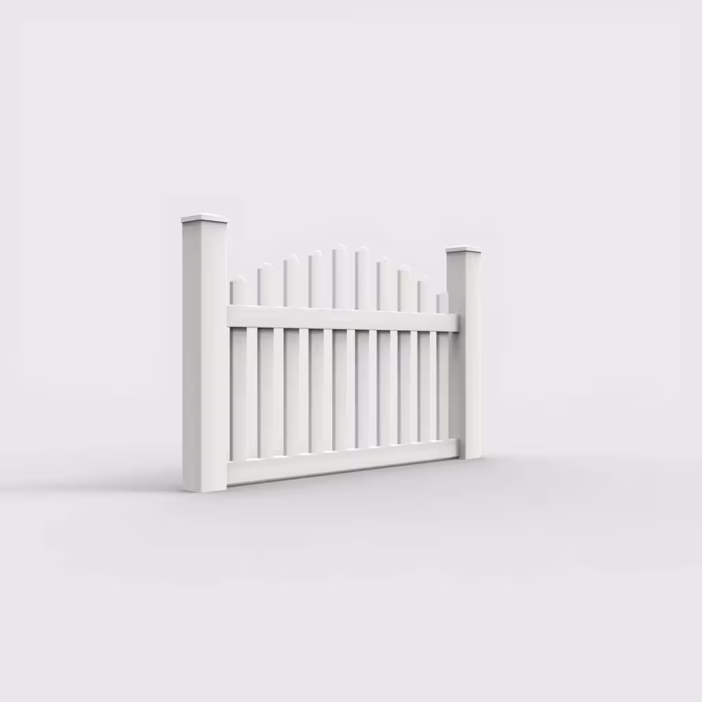 White arched picket 3.5 ft fence, right-side view