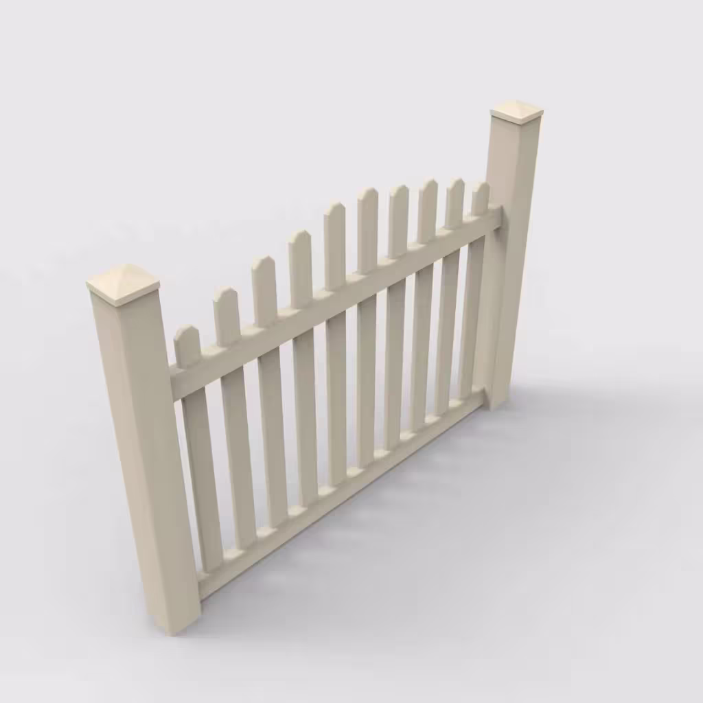 Tan arched picket 4 ft fence, isometric view
