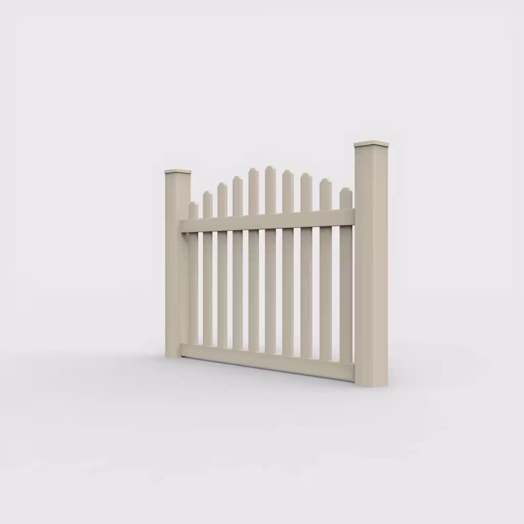 Tan arched picket 4 ft fence, left-side view