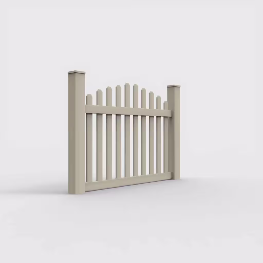 Tan arched picket 4 ft fence, right-side view