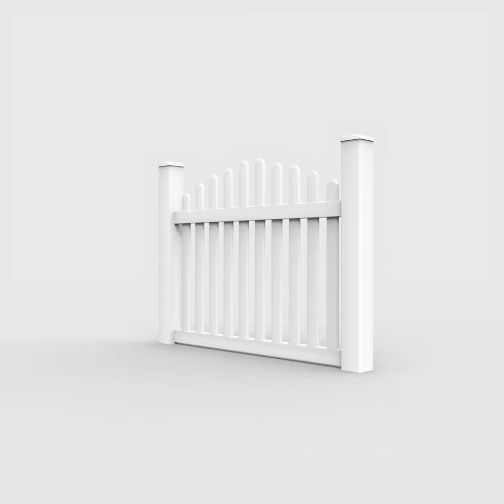 White arched picket 4 ft fence, left-side view