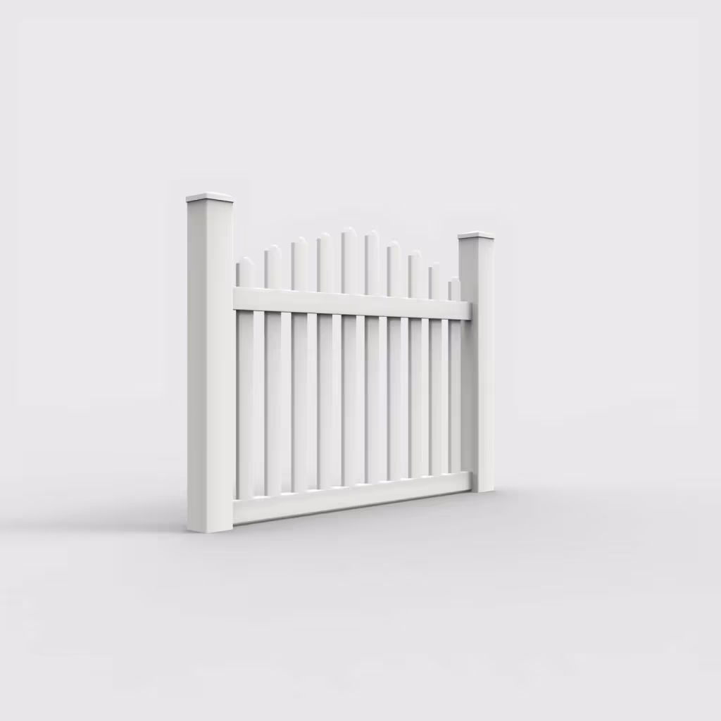 White arched picket 4 ft fence, right-side view