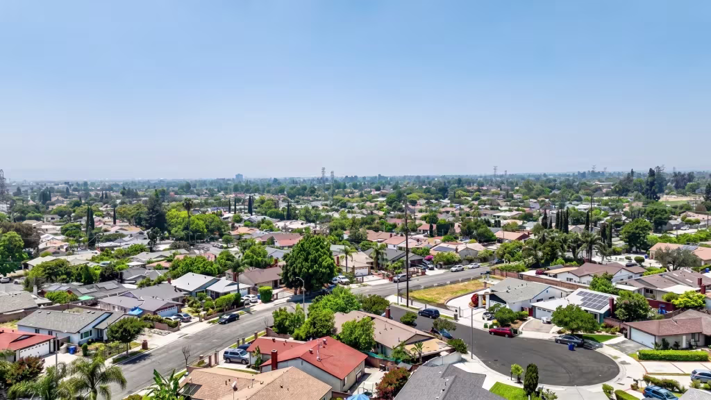 Arleta's residential neighborhood spreads across the valley floor in this elevated oblique view