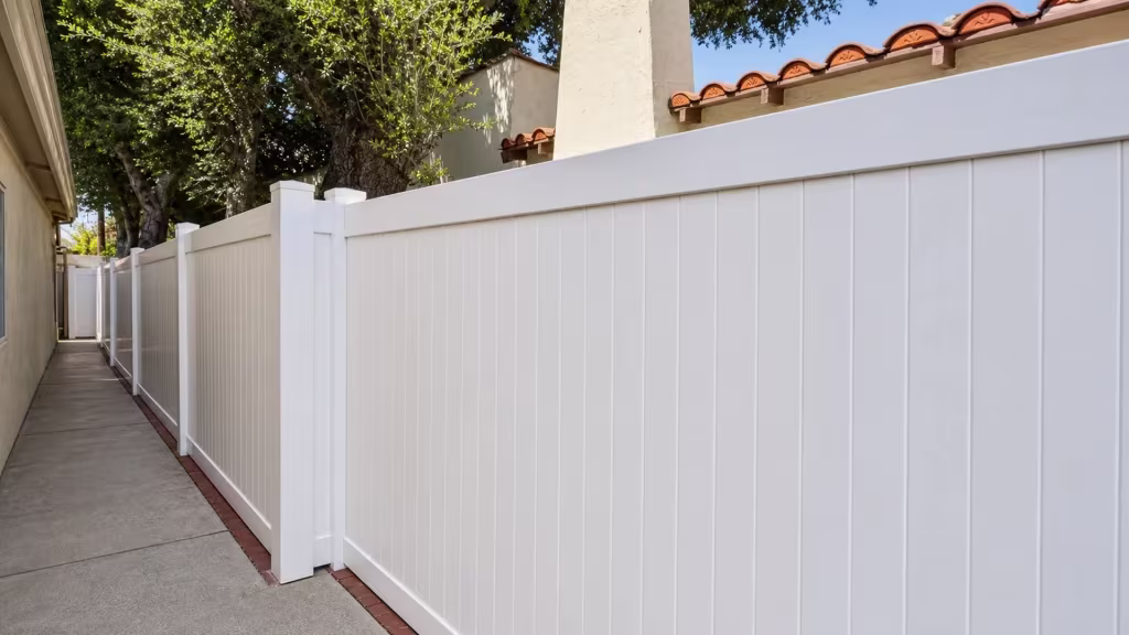 A terracotta roofline and stucco chimney rise behind this White vinyl privacy fence in Pasadena