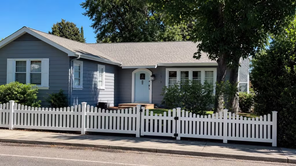 A front walkway leads past this low White vertical vinyl picket fence and swing gate marking a Pasadena lawn