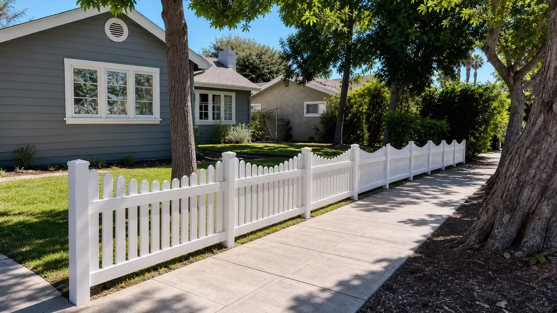 A round attic vent tops the gray-blue Pasadena house behind this diagonal White vertical vinyl picket fence
