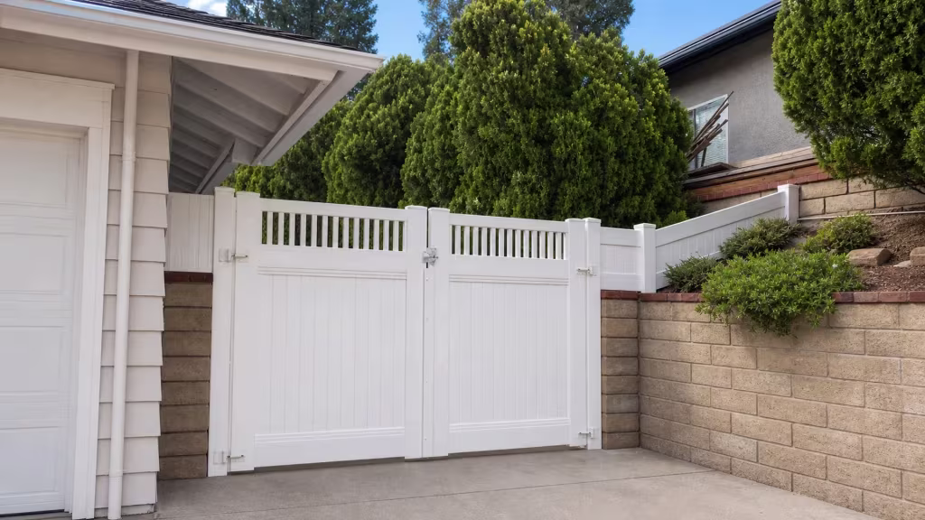White vinyl privacy fence closes at a picket topped gate beside a house wall and capped post in Santa Clarita