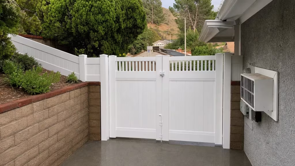 Evergreens climb the bank beside this White vinyl picket top fence gate on the Santa Clarita hillside