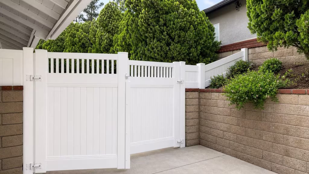 White picket top vinyl gate meets a stepped fence run beside brick capped retaining walls on this Santa Clarita slope