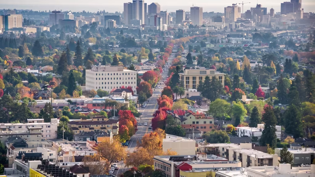 Berkeley's dense urban core rises in mid-rise buildings, with a distant skyline closing the elevated view
