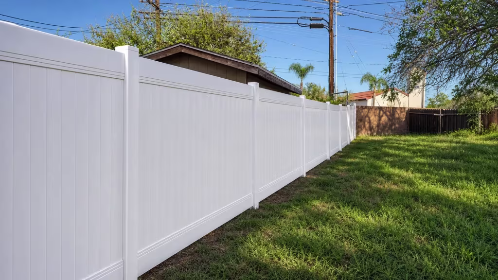 An uneven backyard lawn runs beneath this White vinyl privacy fence beside a brown masonry wall in North Hollywood
