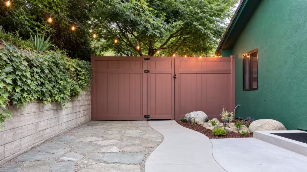 The gate on the Dark Walnut vinyl privacy fence is framed by green stucco and an ivy-covered retaining wall in Thousand Oaks