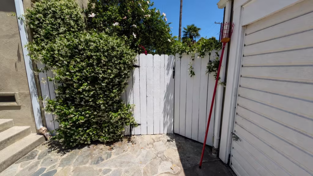 Before installation, a white wood gate and fence between the house and garage are heavily covered with vines.