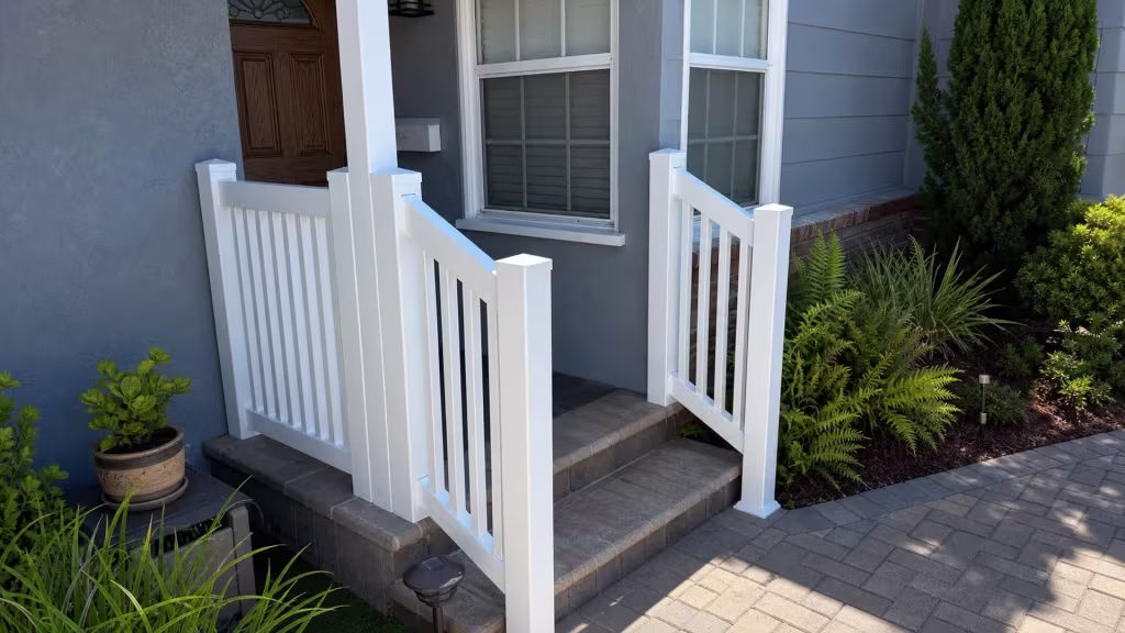 A close-top vertical picket vinyl fence in White passes a mailbox and paver walkway at this Torrance entry