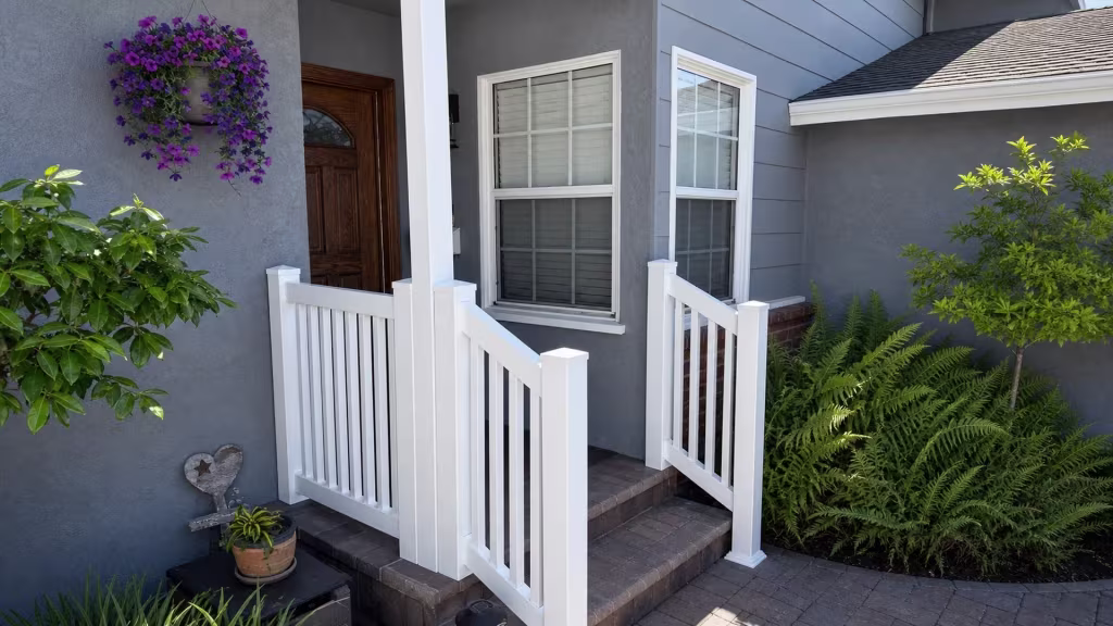 White vinyl vertical picket fence with closely spaced boards beside brick steps and a stucco entry wall