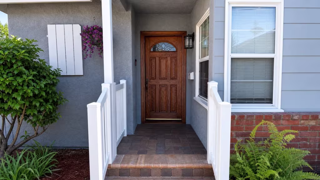 A White vinyl picket fence with a close vertical top follows the terrain past a recessed porch overhang in Torrance