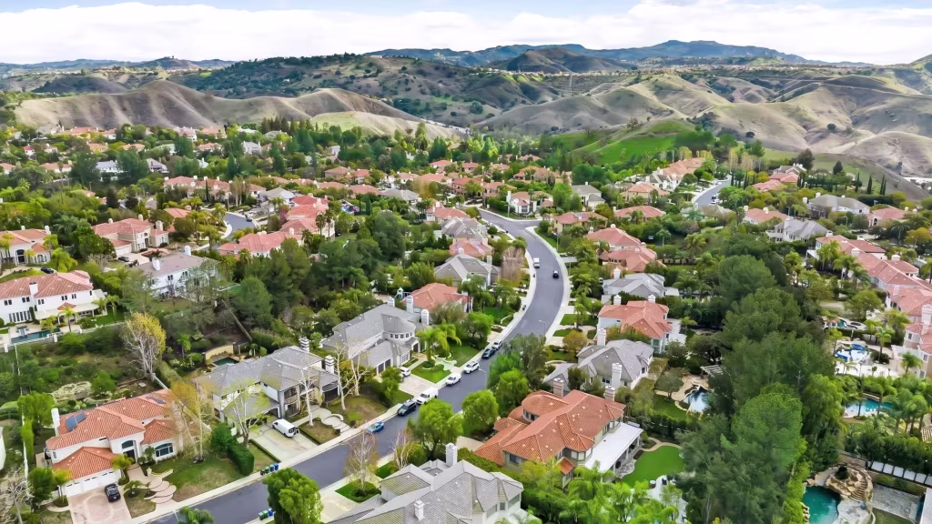 Calabasas lays out a planned hillside community across sloping terrain in this aerial view