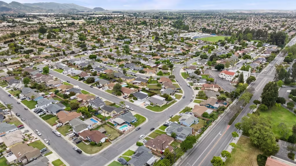 Camarillo's broad suburban grid fills the valley floor beneath surrounding hills in this aerial view