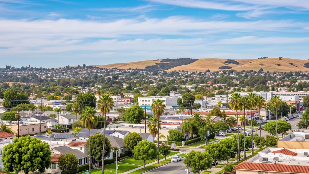 Carson's suburban civic and commercial district spreads beneath a distant skyline and hills