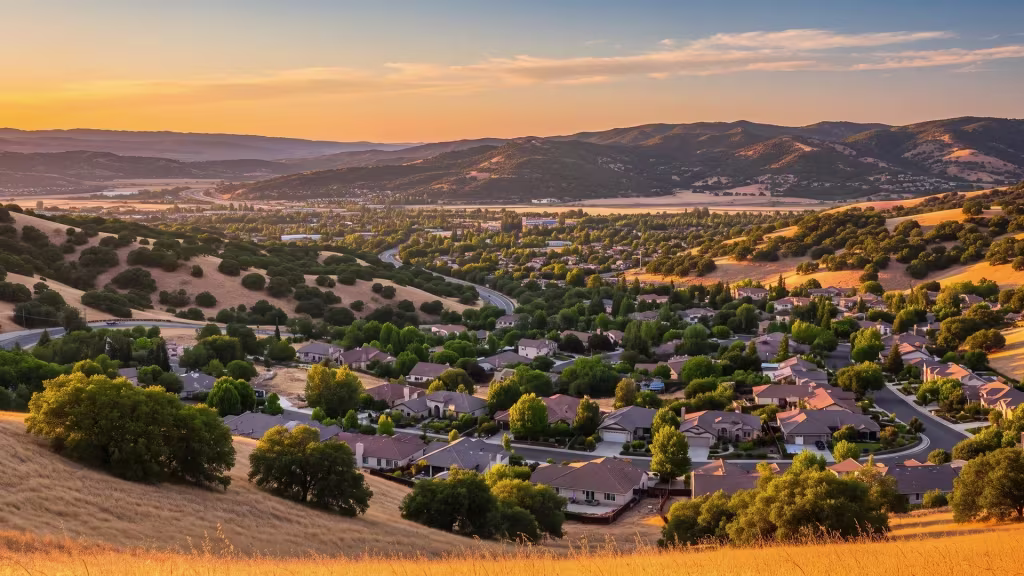 Golden sunset light spreads over Castaic's residential valley, framed by high hills on every side