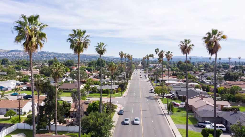 An arterial boulevard lined with palms runs through Covina's suburban neighborhoods in this elevated view