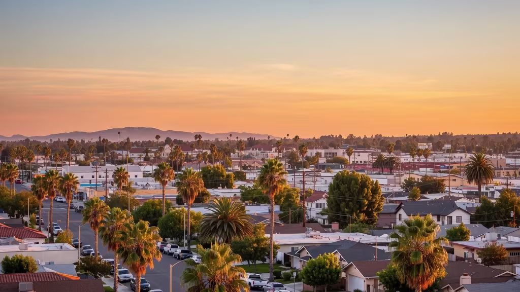 Cudahy's dense low-rise rooftops glow under a setting sun in this elevated panoramic frame