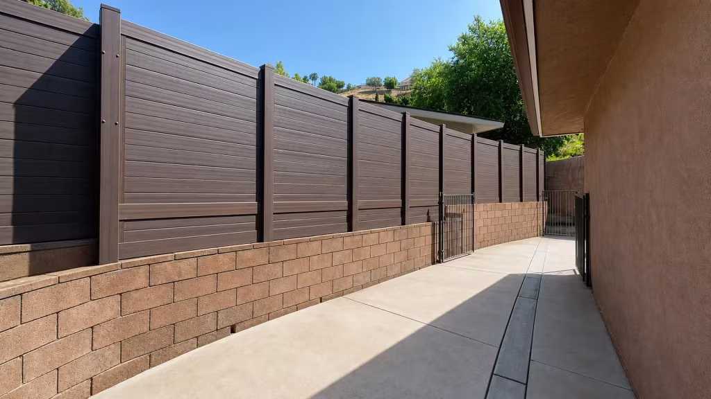 Dark Walnut vinyl privacy fence running past two black metal pedestrian gates in Shadow Hills