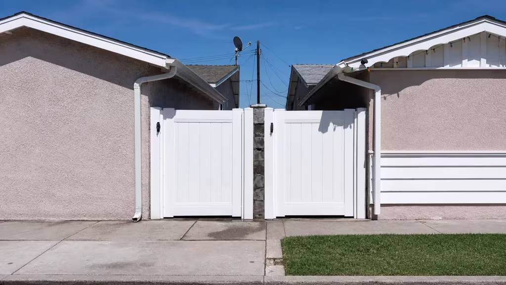 A gray concrete pier separates two closed White vinyl privacy gates fitted into this Carson side yard passage