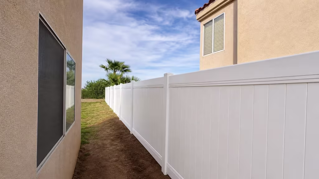Between two stucco houses runs a narrow side yard framed by this White vinyl privacy fence in Palmdale