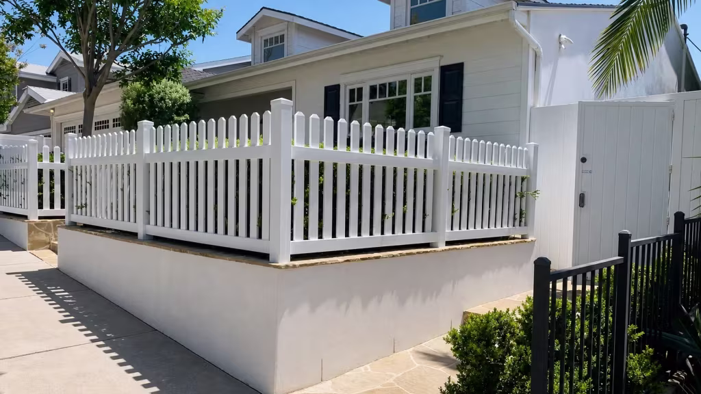 Pyramidal post caps top a White vertical vinyl picket fence set atop a Pacific Palisades retaining wall