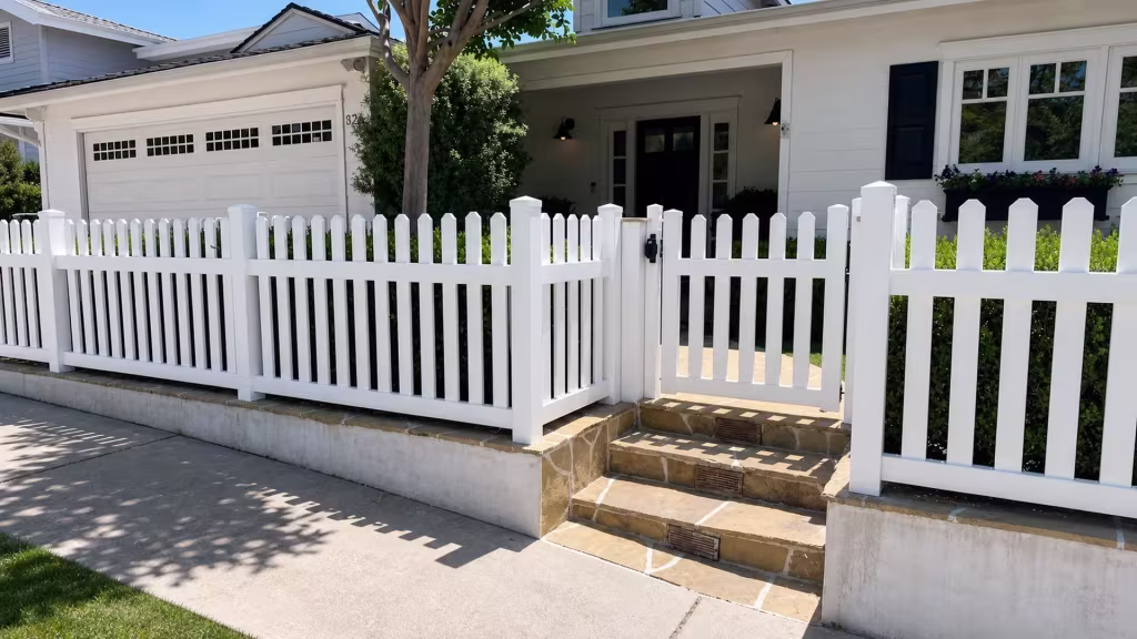 A pedestrian gate opens through the White vertical vinyl picket fence beside a mature tree at this Pacific Palisades entry