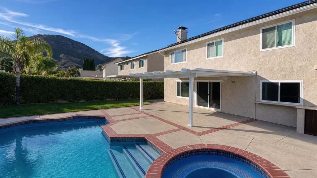 Brick coping and a raised spa border this pergola cover's White vinyl posts along the stucco house wall