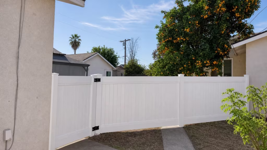 A dry soil yard stretches beneath this White vinyl fence, its gate set near a utility pole, in Arcadia
