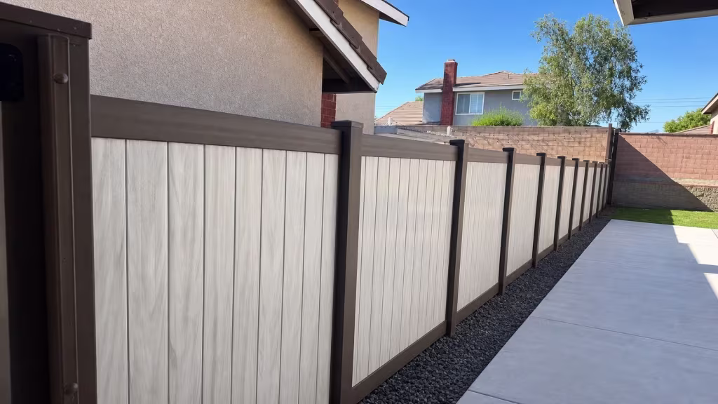 Dark Walnut and aspen two-tone vinyl privacy fence running past a gravel bed in Chino