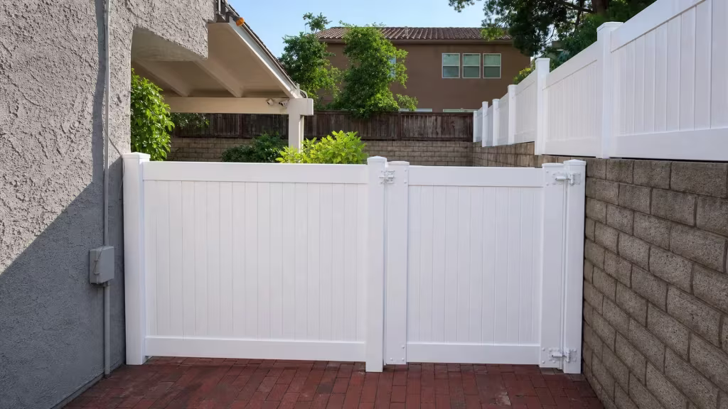 A matching double gate closes this brick-paved West Hills passage next to a White vinyl privacy wall topper