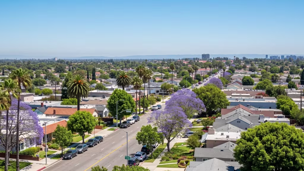 A tree-lined residential avenue leads toward Downey's low suburban skyline in this elevated city view